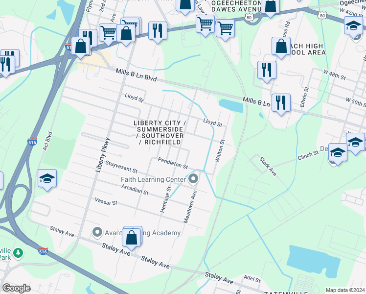 map of restaurants, bars, coffee shops, grocery stores, and more near 4220 Rockdale Street in Savannah