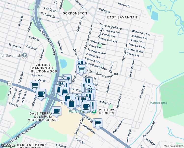 map of restaurants, bars, coffee shops, grocery stores, and more near 2107 East 36th Street in Savannah