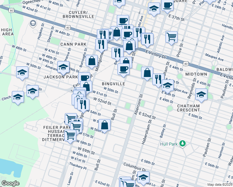 map of restaurants, bars, coffee shops, grocery stores, and more near 15 West 50th Street in Savannah