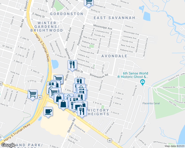 map of restaurants, bars, coffee shops, grocery stores, and more near 1302 Bonaventure Road in Savannah