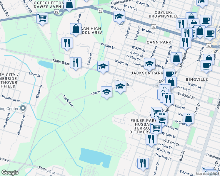 map of restaurants, bars, coffee shops, grocery stores, and more near 1012 Clinch St in Savannah