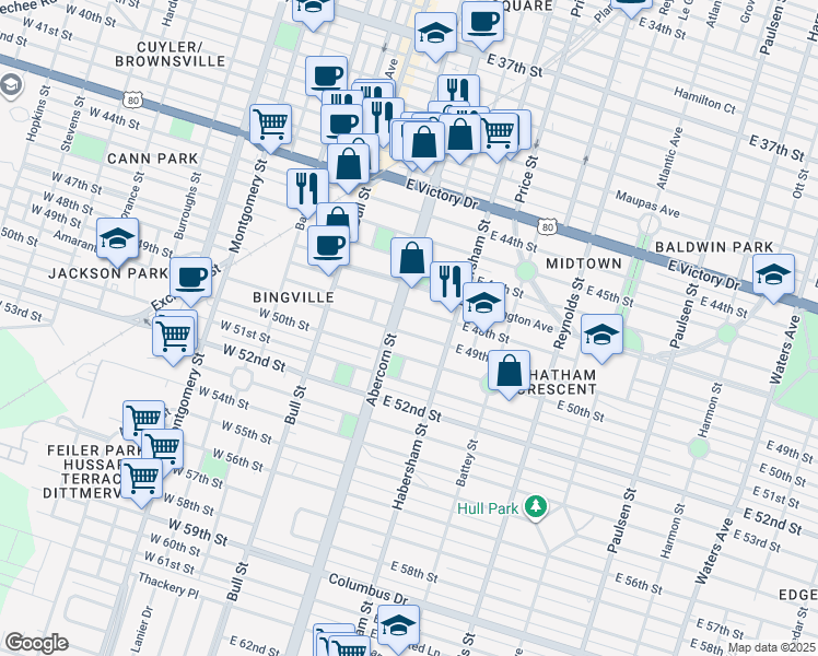 map of restaurants, bars, coffee shops, grocery stores, and more near 110 East 49th Street in Savannah