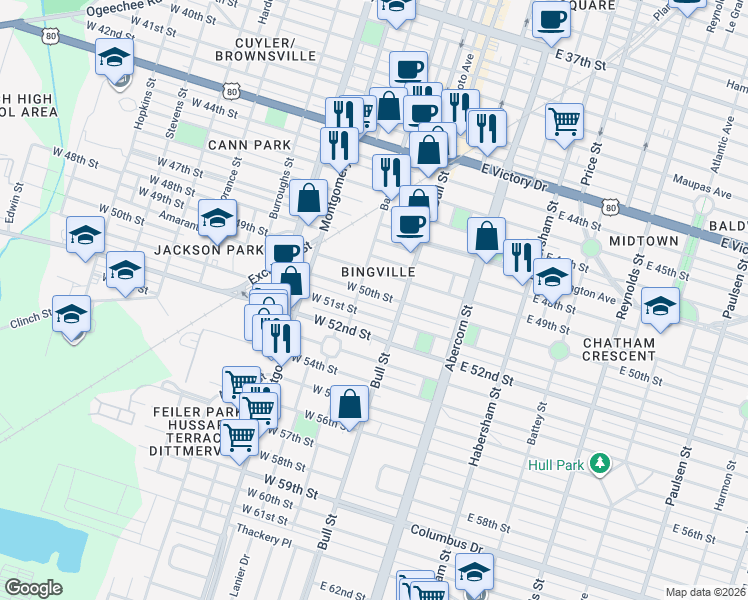 map of restaurants, bars, coffee shops, grocery stores, and more near 15 West 50th Street in Savannah