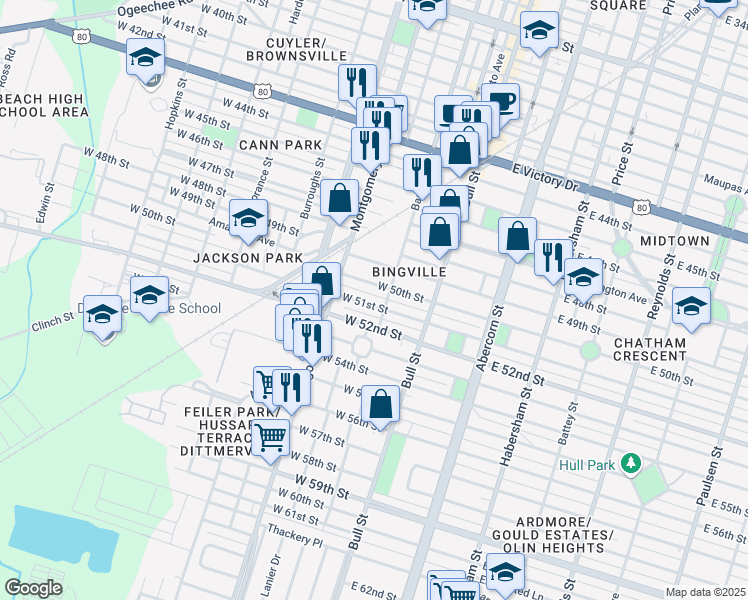 map of restaurants, bars, coffee shops, grocery stores, and more near 3407 Barnard Street in Savannah