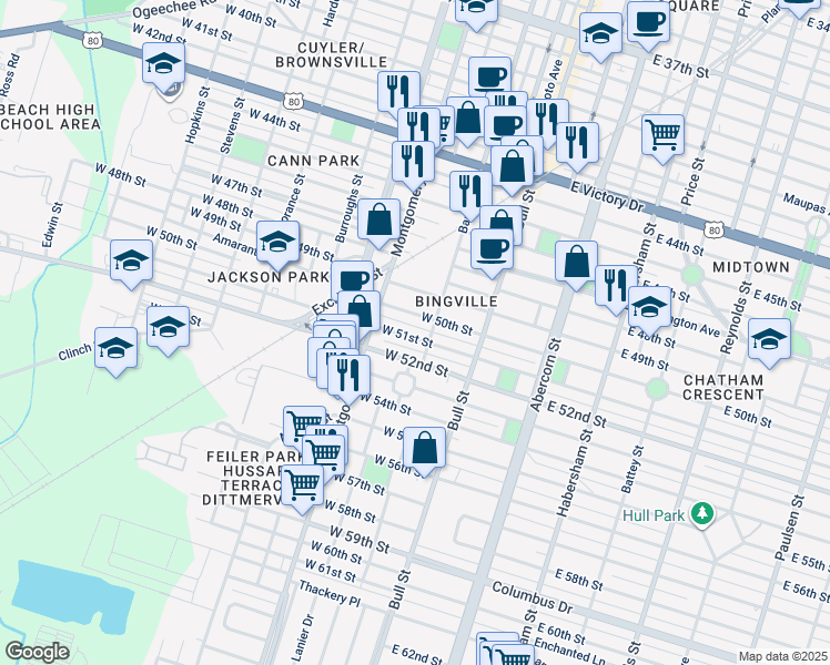 map of restaurants, bars, coffee shops, grocery stores, and more near 3407 Barnard Street in Savannah