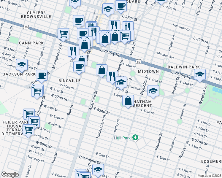 map of restaurants, bars, coffee shops, grocery stores, and more near 137 East 48th Street in Savannah