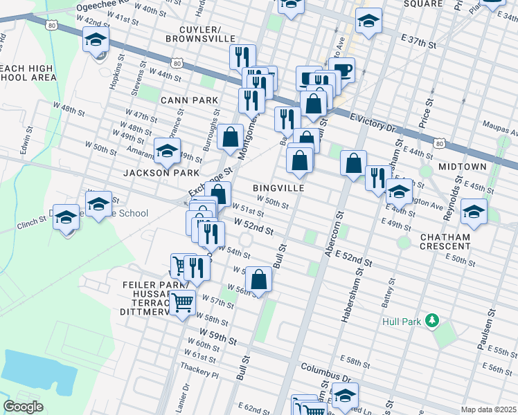 map of restaurants, bars, coffee shops, grocery stores, and more near 3407 Barnard Street in Savannah