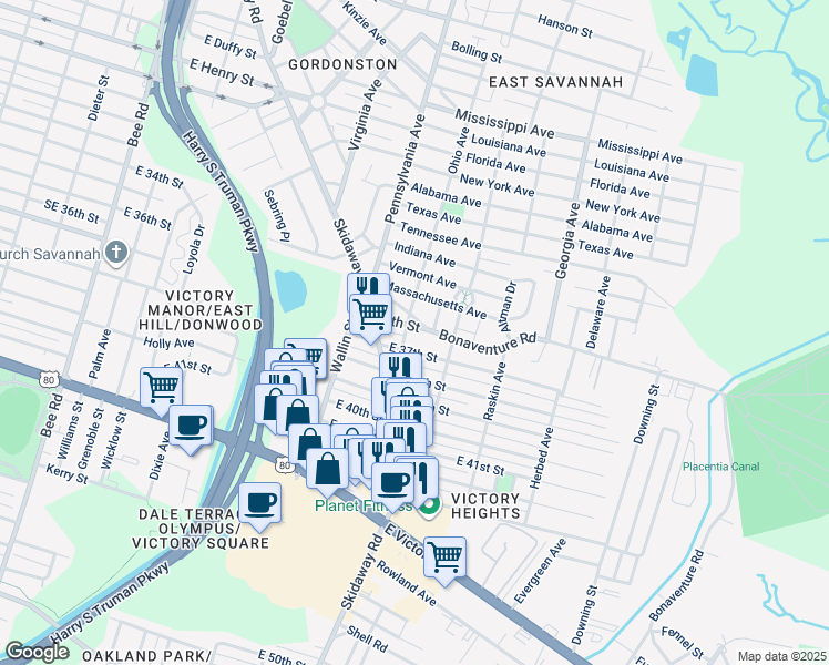 map of restaurants, bars, coffee shops, grocery stores, and more near 2107 East 36th Street in Savannah