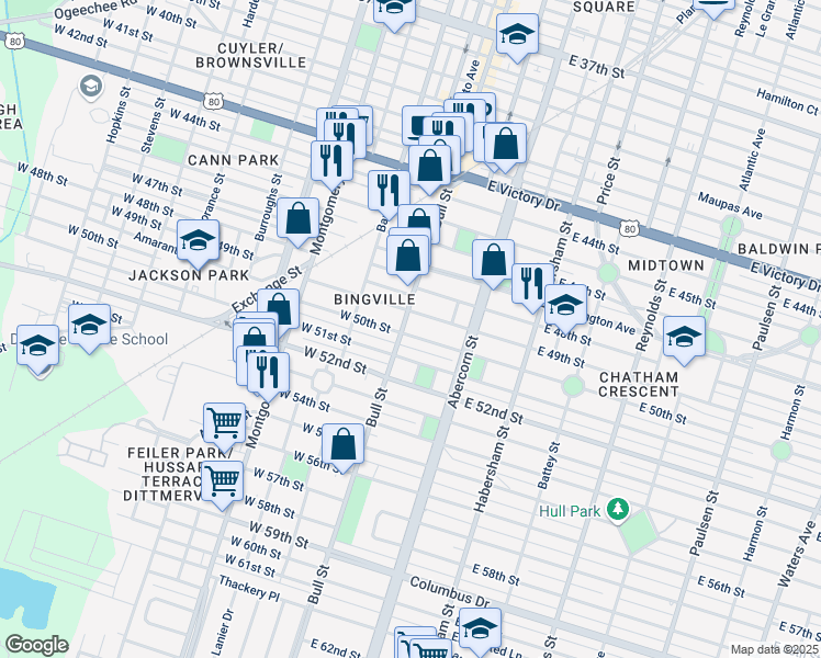 map of restaurants, bars, coffee shops, grocery stores, and more near 2 East 50th Street in Savannah