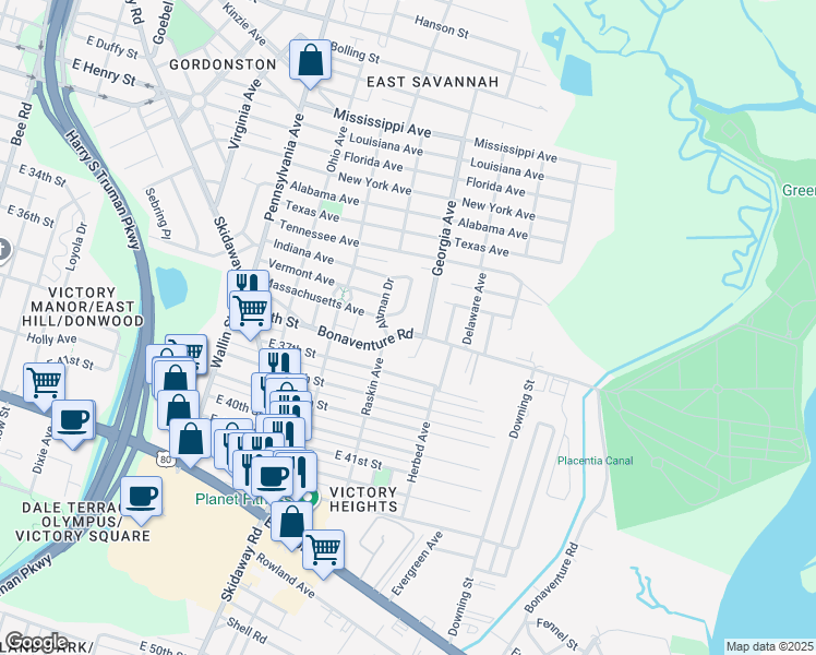 map of restaurants, bars, coffee shops, grocery stores, and more near 2216 Bonaventure Road in Savannah
