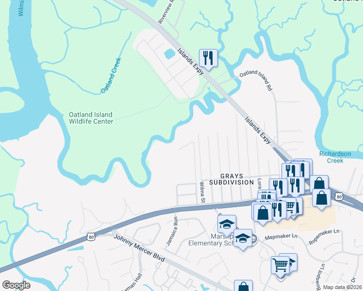 map of restaurants, bars, coffee shops, grocery stores, and more near 804 Perry Cove in Savannah