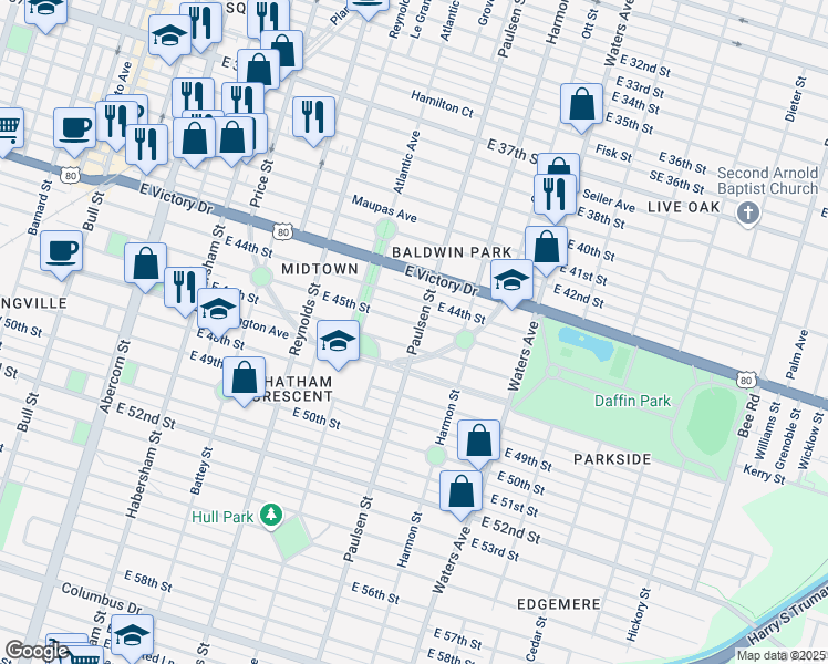 map of restaurants, bars, coffee shops, grocery stores, and more near 531 East 45th Street in Savannah