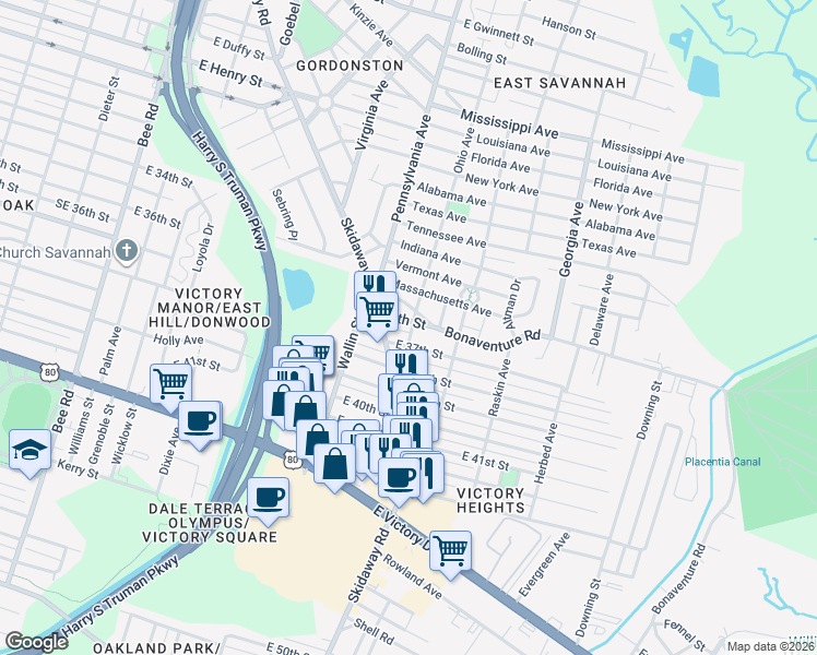 map of restaurants, bars, coffee shops, grocery stores, and more near 2107 East 36th Street in Savannah