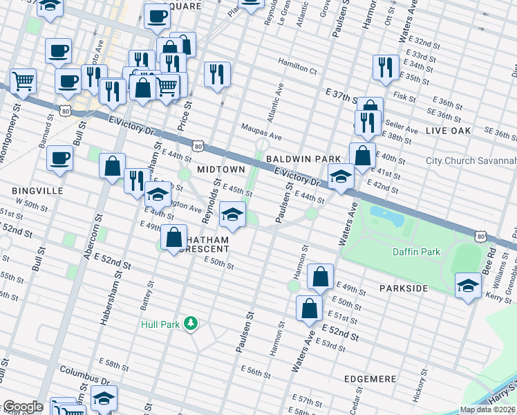 map of restaurants, bars, coffee shops, grocery stores, and more near 508 East 46th Street in Savannah