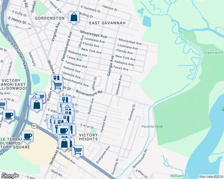 map of restaurants, bars, coffee shops, grocery stores, and more near 1915 Kansas Avenue in Savannah