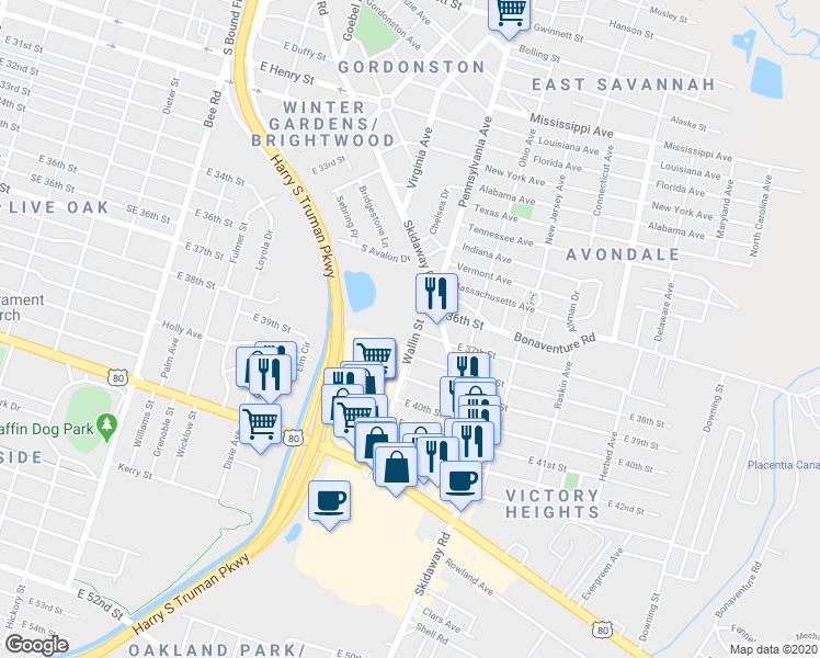 map of restaurants, bars, coffee shops, grocery stores, and more near 3798 Wallin Street in Savannah