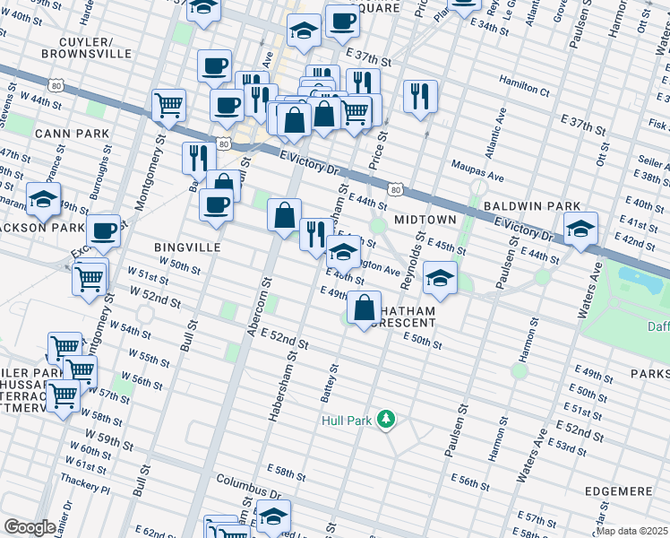 map of restaurants, bars, coffee shops, grocery stores, and more near 226 East 48th Street in Savannah