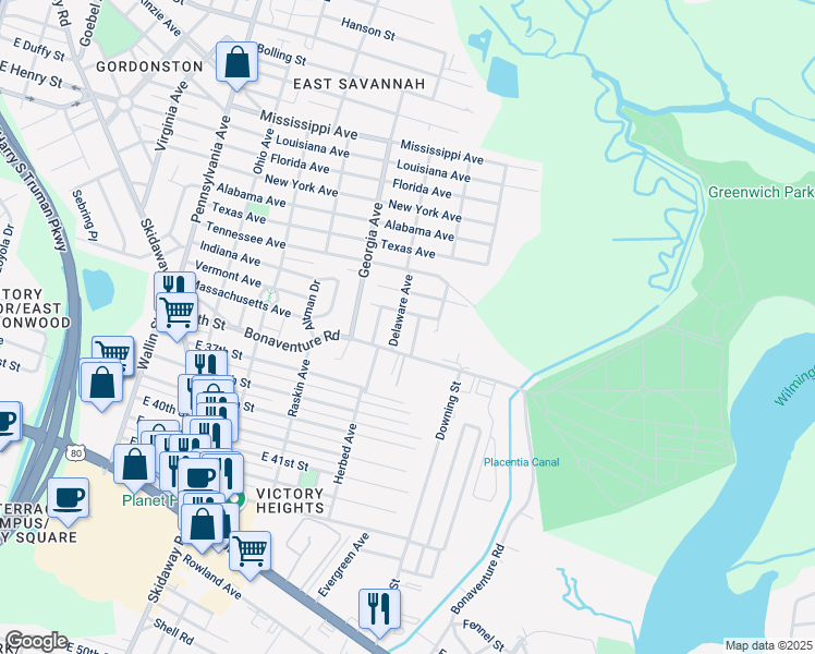 map of restaurants, bars, coffee shops, grocery stores, and more near 1905 Idaho Avenue in Savannah
