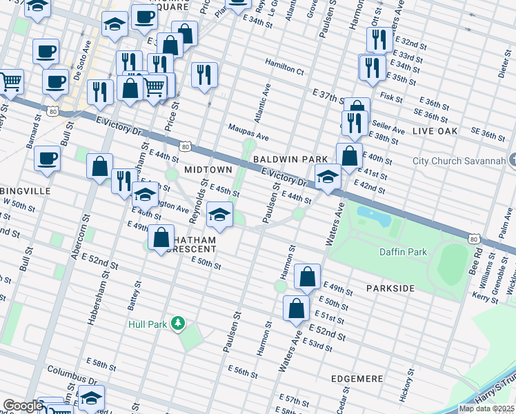 map of restaurants, bars, coffee shops, grocery stores, and more near 531 East 45th Street in Savannah