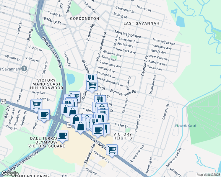 map of restaurants, bars, coffee shops, grocery stores, and more near 1302 Bonaventure Road in Savannah