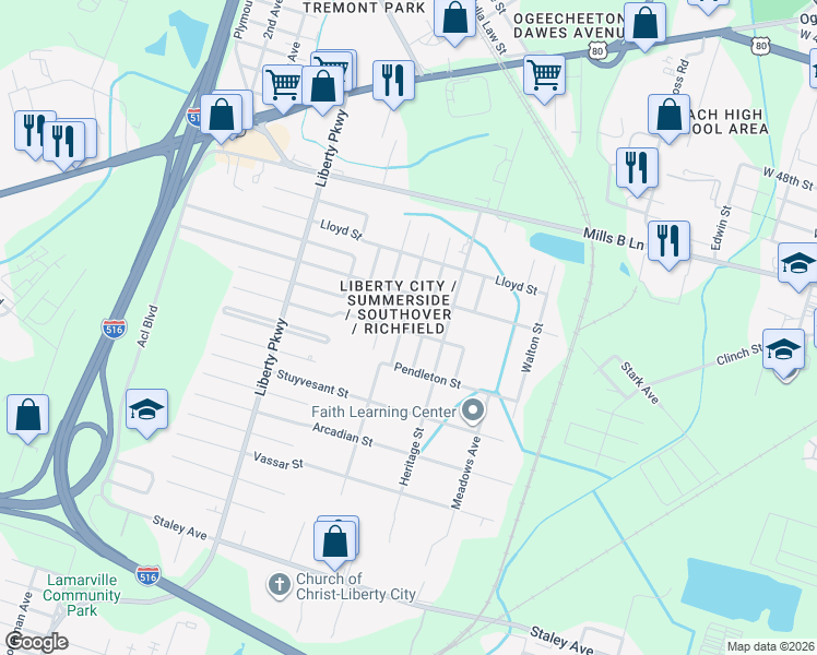 map of restaurants, bars, coffee shops, grocery stores, and more near 4301 Worth Street in Savannah