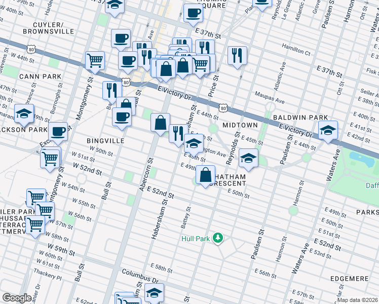 map of restaurants, bars, coffee shops, grocery stores, and more near 226 East 48th Street in Savannah