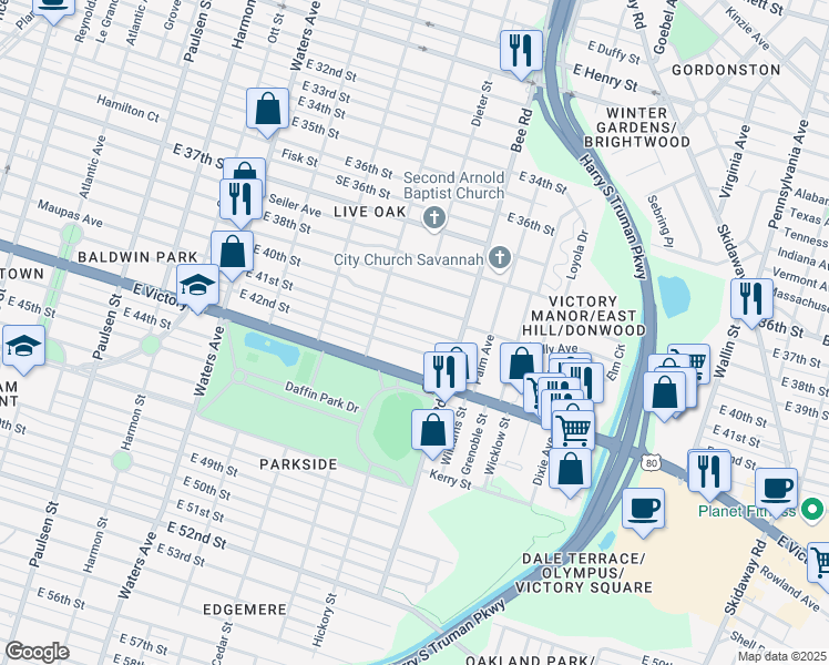 map of restaurants, bars, coffee shops, grocery stores, and more near 1427 East 41st Street in Savannah
