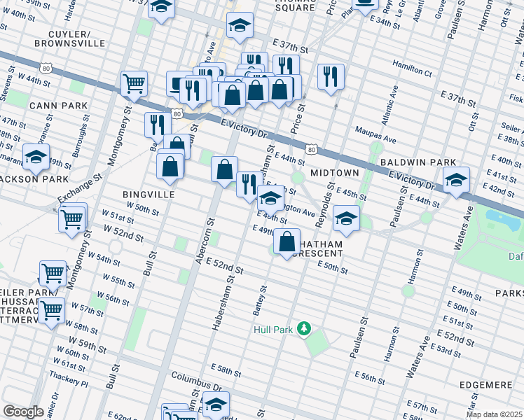 map of restaurants, bars, coffee shops, grocery stores, and more near 226 East 48th Street in Savannah