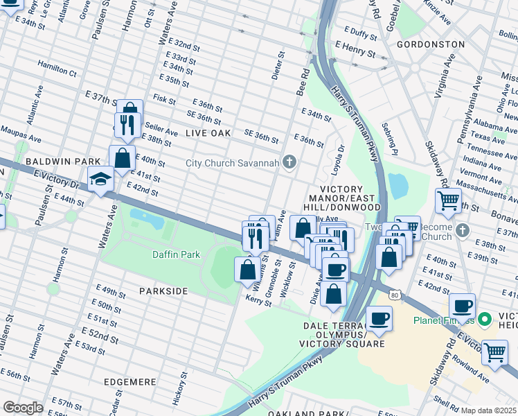 map of restaurants, bars, coffee shops, grocery stores, and more near 1460 East 41st Street in Savannah