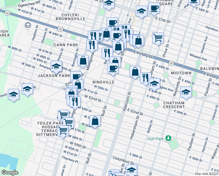 map of restaurants, bars, coffee shops, grocery stores, and more near 2 East 50th Street in Savannah