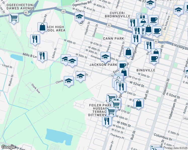 map of restaurants, bars, coffee shops, grocery stores, and more near 708 Clinch Street in Savannah