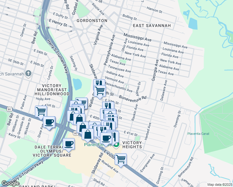 map of restaurants, bars, coffee shops, grocery stores, and more near 2107 East 36th Street in Savannah
