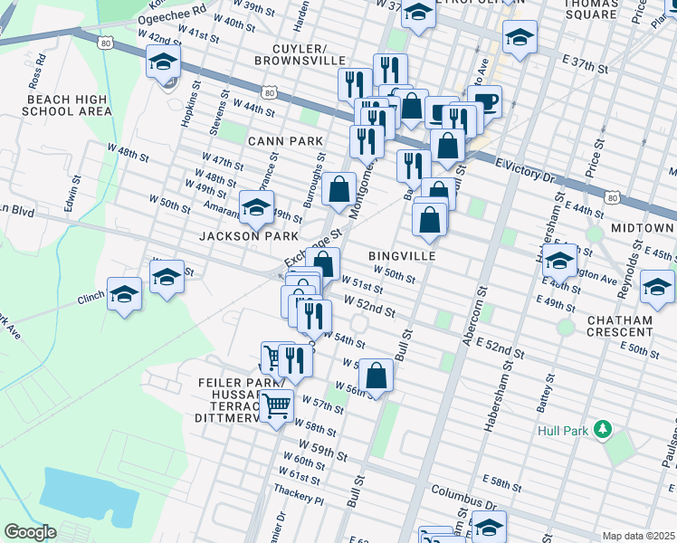 map of restaurants, bars, coffee shops, grocery stores, and more near 132 West 51st Street in Savannah