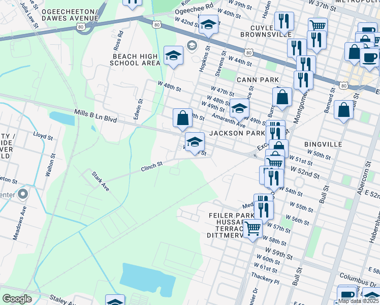 map of restaurants, bars, coffee shops, grocery stores, and more near 1012 Clinch Street in Savannah