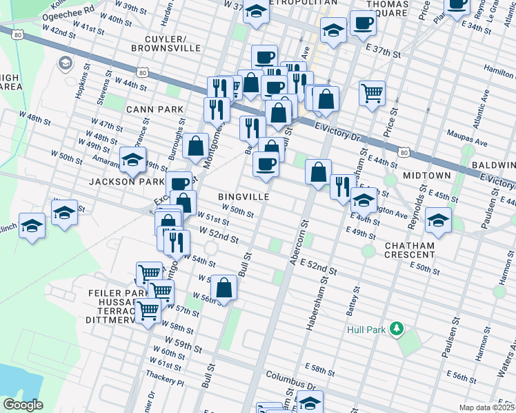 map of restaurants, bars, coffee shops, grocery stores, and more near 2 East 50th Street in Savannah
