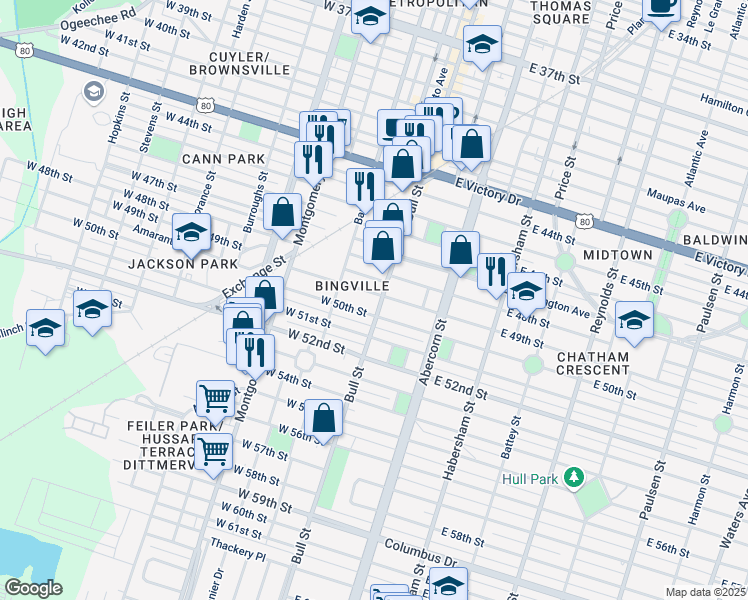 map of restaurants, bars, coffee shops, grocery stores, and more near 2 East 50th Street in Savannah