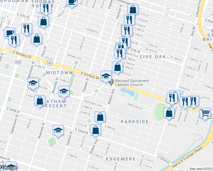 map of restaurants, bars, coffee shops, grocery stores, and more near 1003 East Victory Drive in Savannah