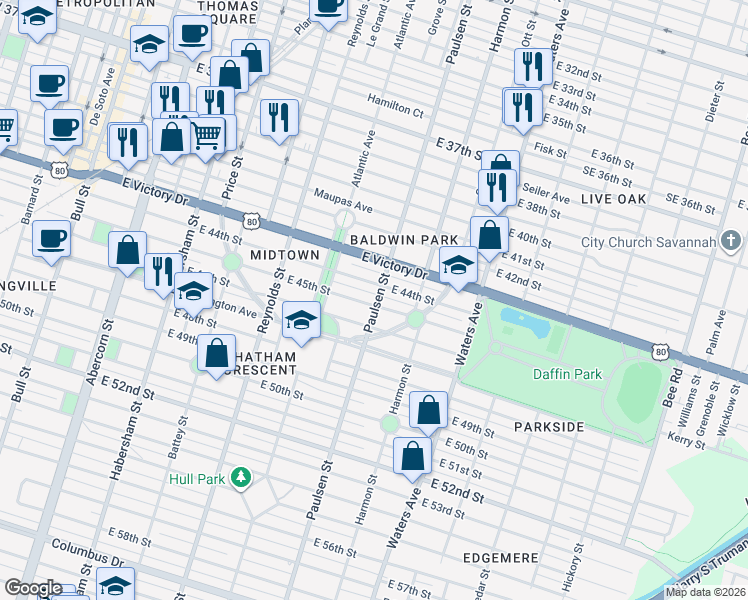 map of restaurants, bars, coffee shops, grocery stores, and more near 531 East 45th Street in Savannah