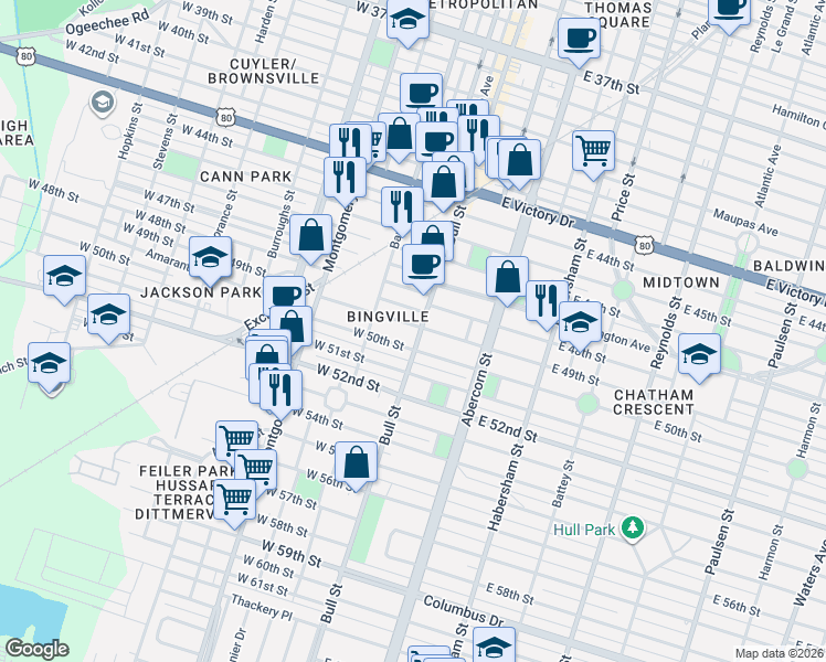 map of restaurants, bars, coffee shops, grocery stores, and more near 2 East 50th Street in Savannah