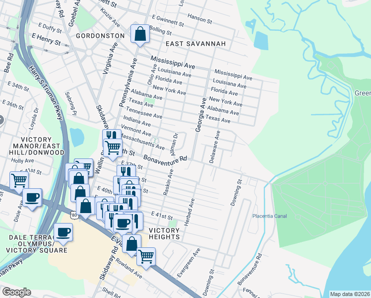 map of restaurants, bars, coffee shops, grocery stores, and more near 2216 Bonaventure Road in Savannah
