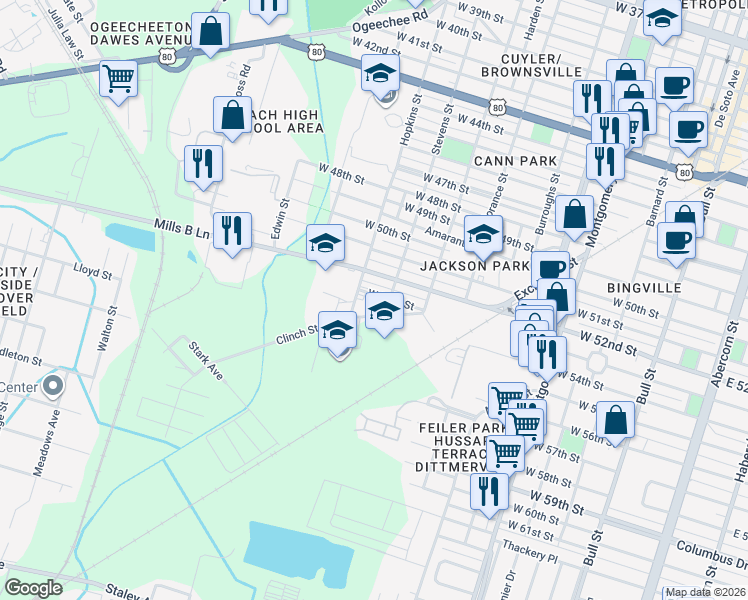 map of restaurants, bars, coffee shops, grocery stores, and more near 1012 Clinch Street in Savannah
