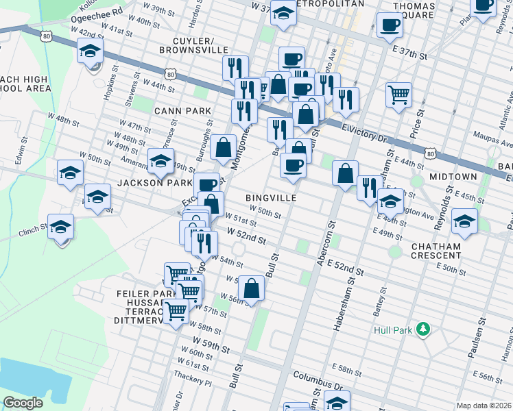 map of restaurants, bars, coffee shops, grocery stores, and more near 3407 Barnard Street in Savannah
