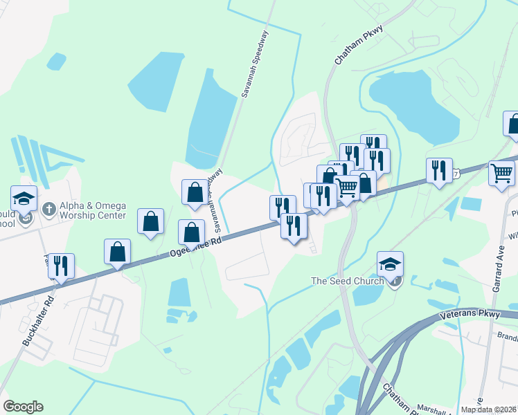 map of restaurants, bars, coffee shops, grocery stores, and more near 4504 Ogeechee Road in Savannah