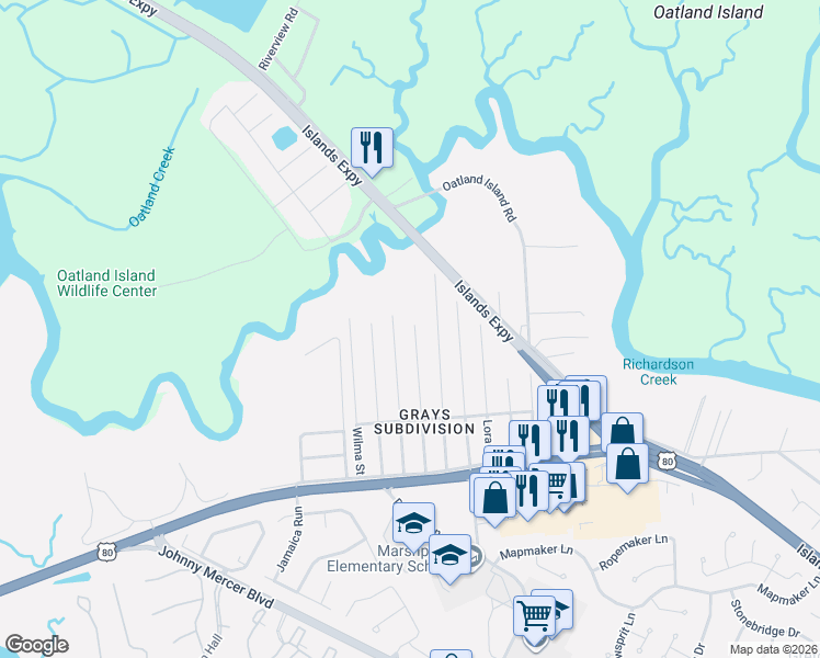 map of restaurants, bars, coffee shops, grocery stores, and more near 1002 Juanita Street in Savannah