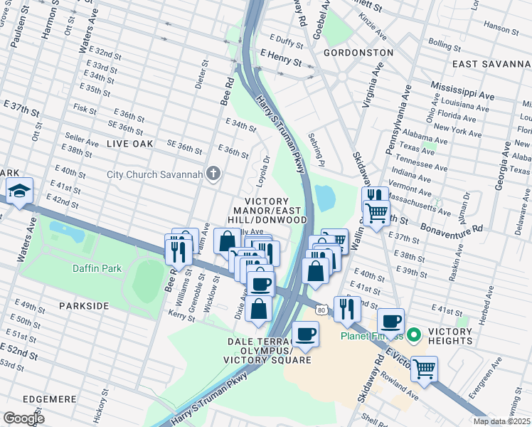 map of restaurants, bars, coffee shops, grocery stores, and more near 1730 Holly Avenue in Savannah
