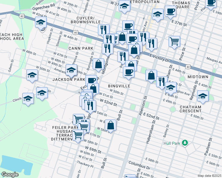 map of restaurants, bars, coffee shops, grocery stores, and more near 104 West 50th Street in Savannah