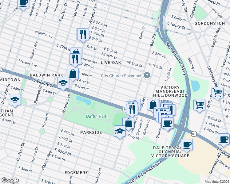 map of restaurants, bars, coffee shops, grocery stores, and more near 1402 East 42nd Street in Savannah