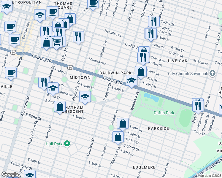 map of restaurants, bars, coffee shops, grocery stores, and more near 607 East 44th Street in Savannah