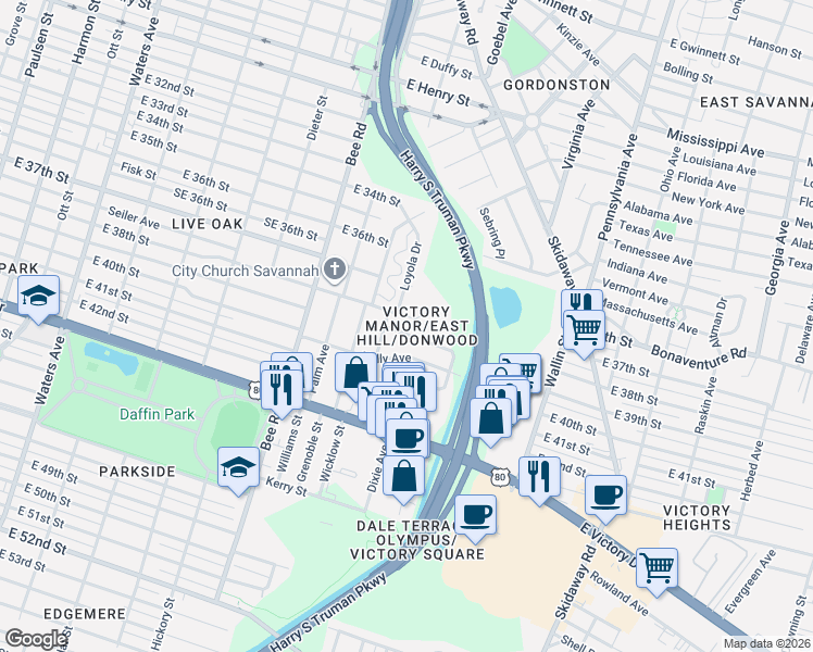 map of restaurants, bars, coffee shops, grocery stores, and more near in Savannah