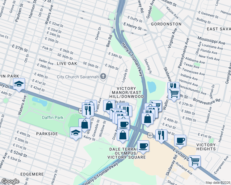 map of restaurants, bars, coffee shops, grocery stores, and more near 104 Oleander Avenue in Savannah